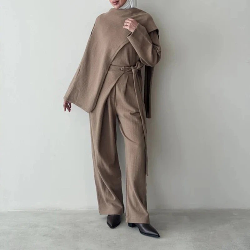 FANAN Office Lady Set da 2 pezzi Pullover a maniche lunghe irregolari da donna Top + Cintura a vita alta Pantaloni a vita raccolta 2025 Autunno Nuovo