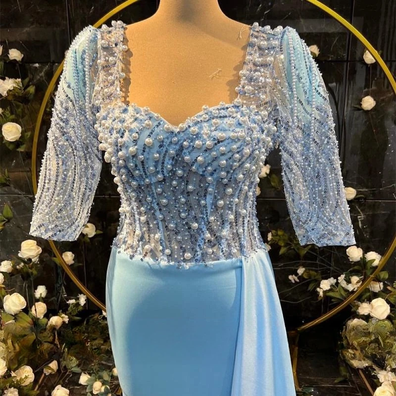 Sky Blue Square Neck Beaded Pearls Half Sleeve Evening Dresses For Women 2023 Mermaid Formal Dress Elegant With Train vestidos