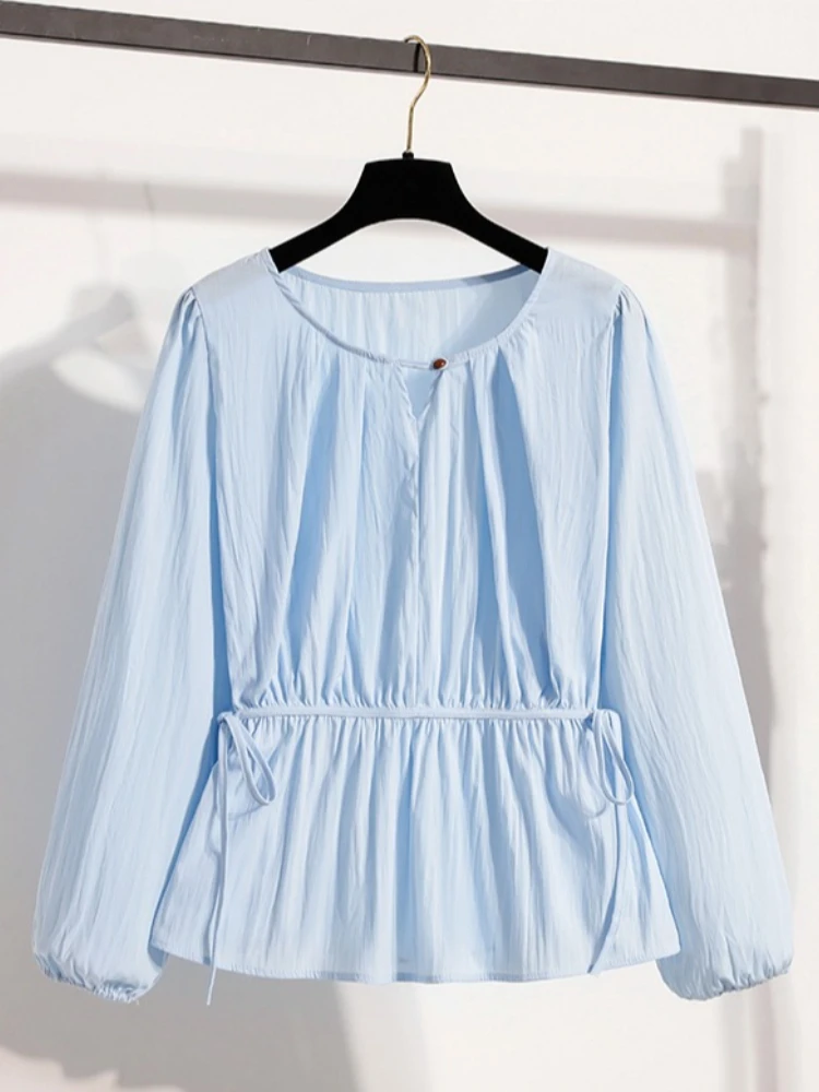 2026 Loose Age‑Reducing Peplum Babydoll Shirt White Drawstring Waist Lantern Long Sleeve Women Blouse Casual Crinkle Fabric Top
