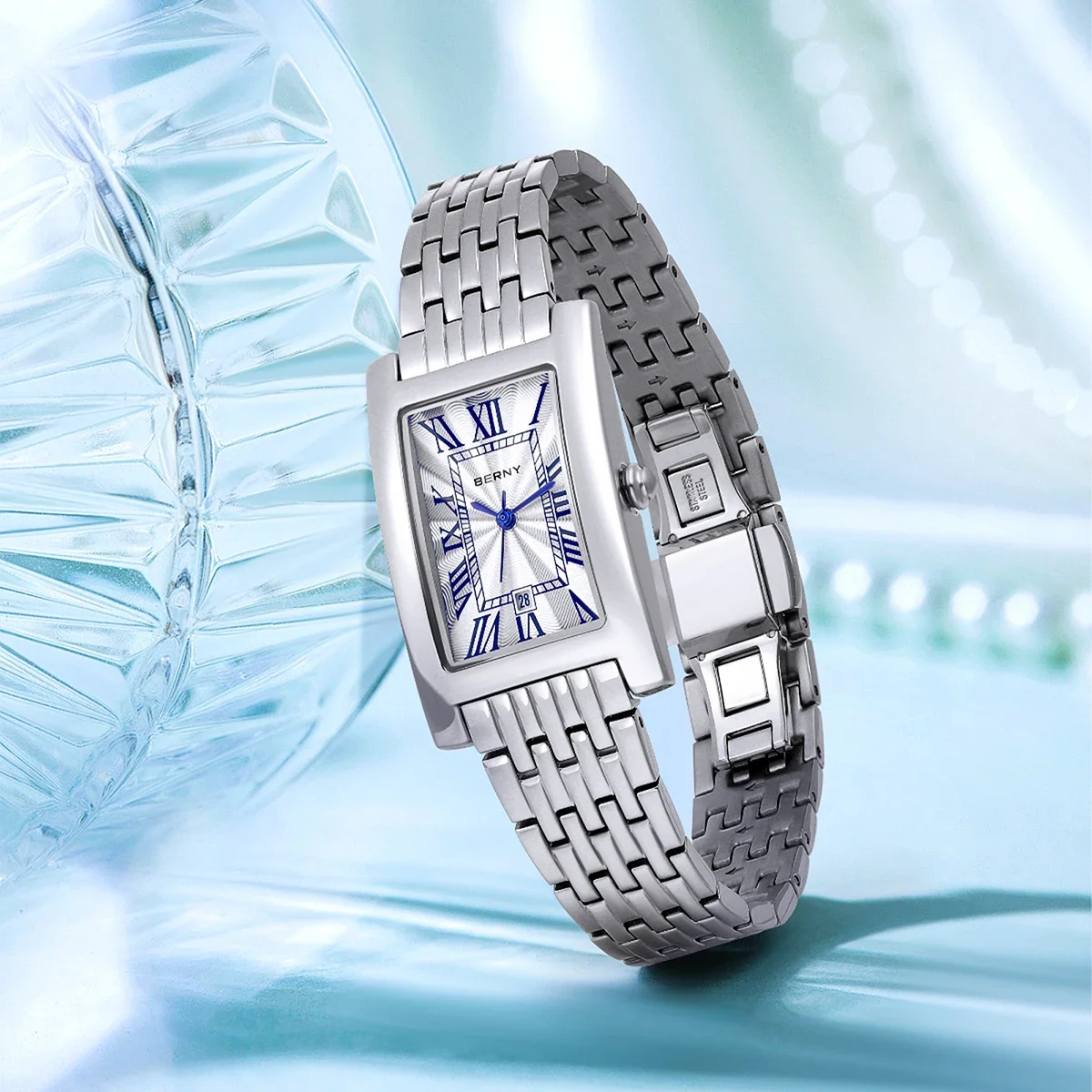 بيرني ساعة مربعة للنساء كوارتز موضة السيدات ساعة اليد 316L الفولاذ المقاوم للصدأ الأرقام الرومانية عادية مستطيل ساعات نسائية
