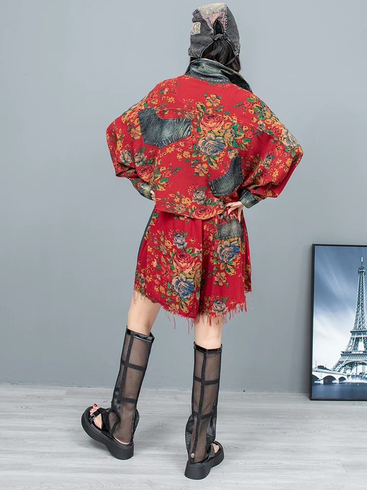 New Retro Chinese Style Big Flower Denim Lapel Long Sleeve Jacket Elastic Waist Shorts Two-piece Set Women\'s Summer Fashion Suit