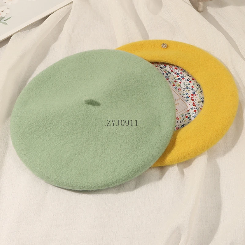 2024 Winter Hat Wool Beret Japanese Style Floral Lining Hat Women Painter Cap Young Girls