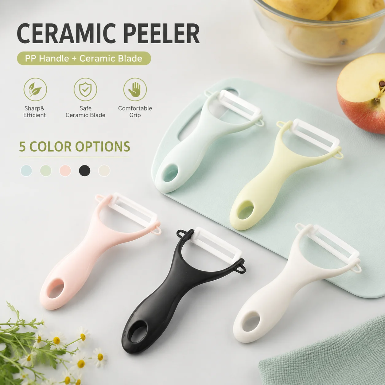 Ceramic Peeler with Sharp Blade, Vegetable Fruit Peeler Kitchen Tool with Ergonomic PP Handle, Potato Apple Skin Remover, Manual Food Prep Tool for Home Cooking