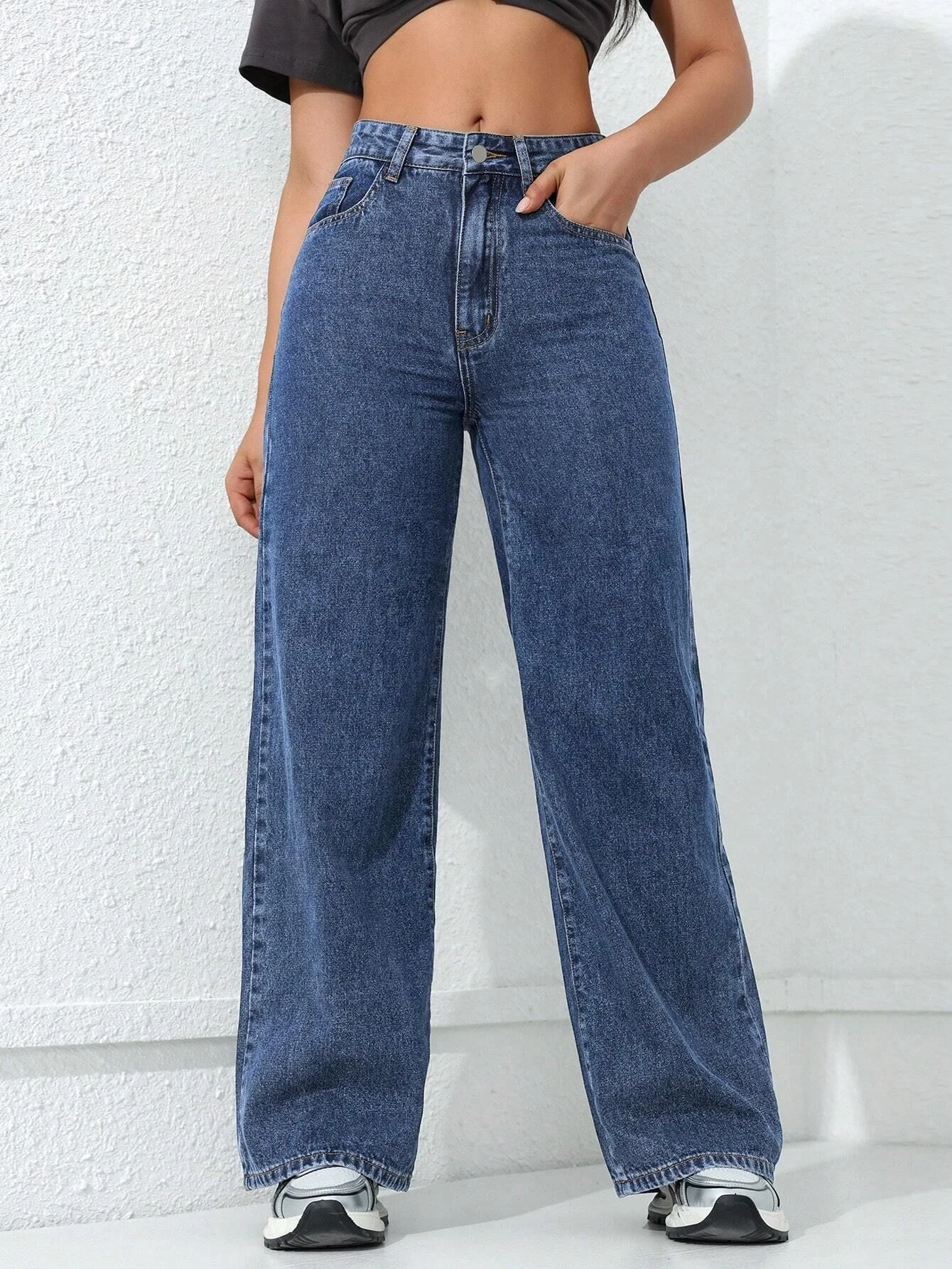 American Sle Jeans mit weitem Bein, lockere, gerade Taille, schlankmachende, bodenlange, lässige Denim-Hosen, hohe Taille, Baumwolle, Damen-Jeans