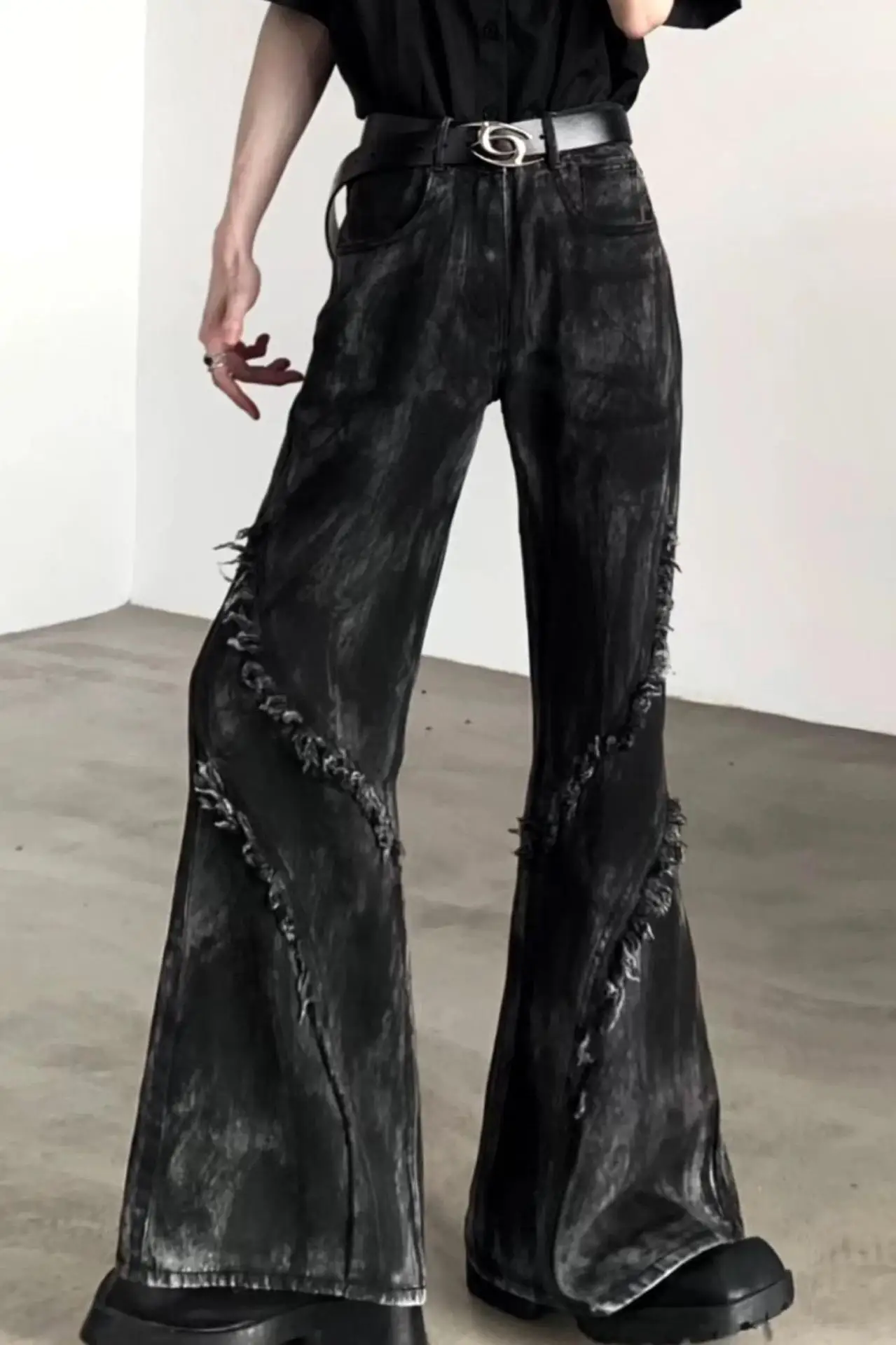 

Y2K Washed Black Baggy Stacked Flare Jeans for Men 90s Vintage Streetwear Denim Pants Pantalon Hombre