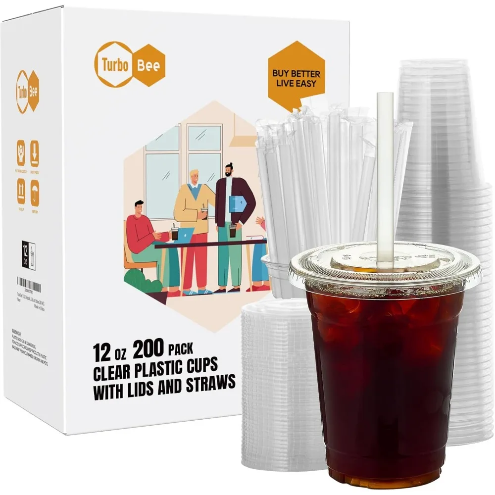 

200 Pack 12oz Clear Plastic Disposable Cups with Lids and Straws for Cold Drinks