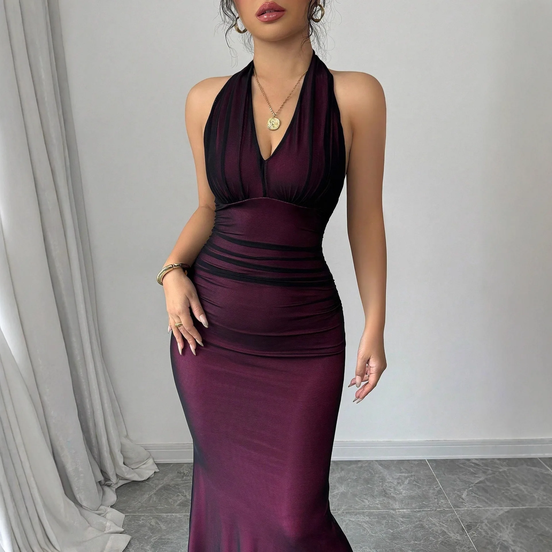 2026 Sexy V Neck Backless Mesh Long Dress Women Evening Dresses Spring Summer Matching Set