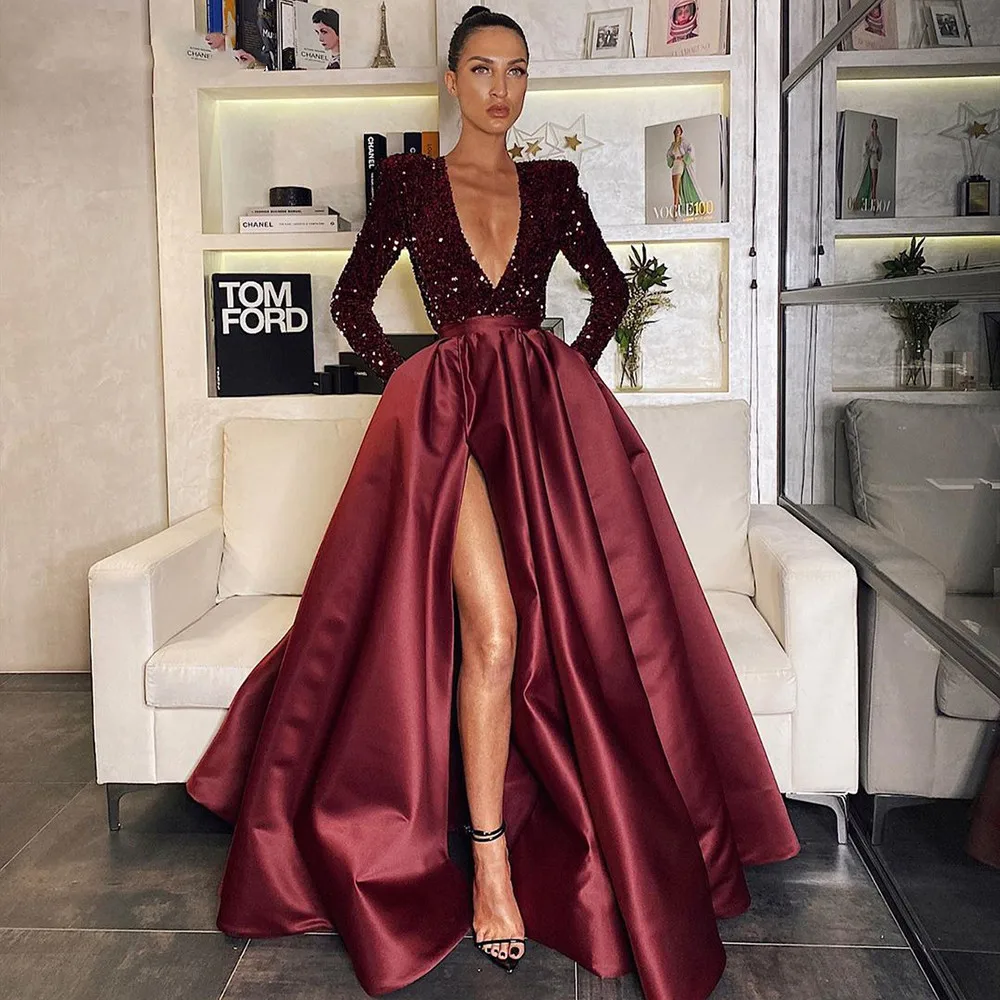 

Burgundy Sequin Deep V Neck Long Evening Dresses Shiny Party Dress 2024 Satin Sexy Slit Sparkle Party Dress Formal Dress