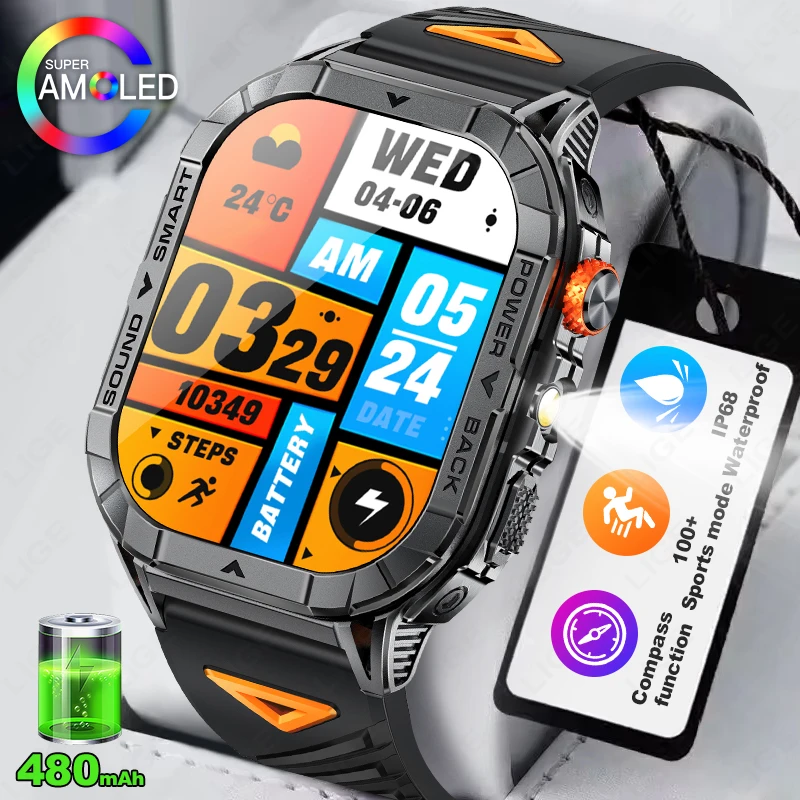 LIGE Military Smart Watch Men 2.13inch AMOLED Screen 480mAh Battery LED Flashlight Heart Rate Bluetooth Call Smartwatch Outdoor