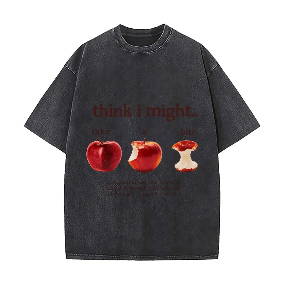 Think I Might Take A Bite Apple Quote Washed Distressed Loose Streetwear Tops for City Walks