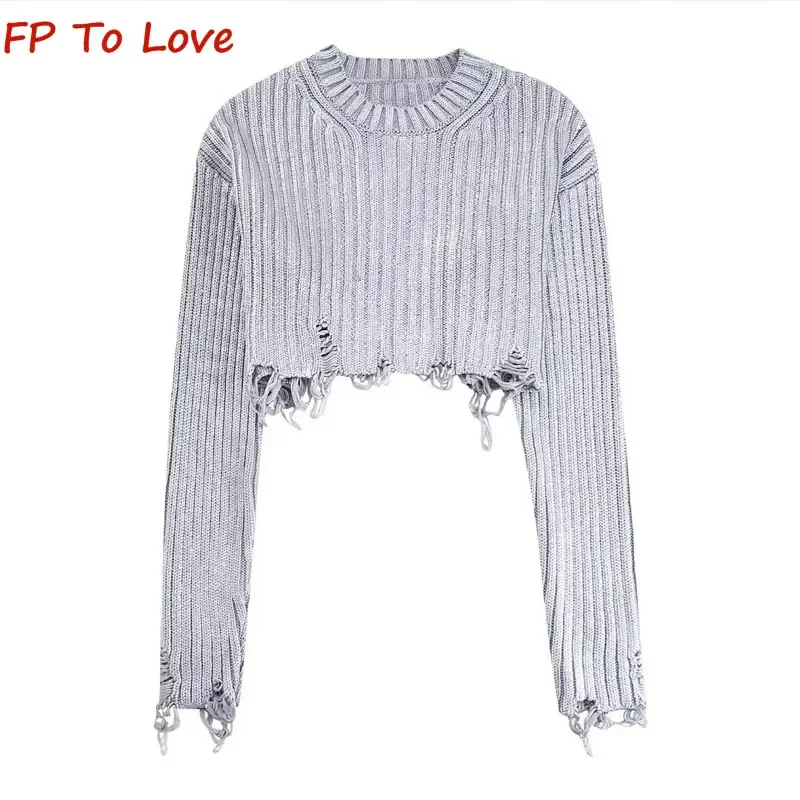 PB&ZA Woman Gold Torn Hole Crew Neck Pullover Sweater Silver Grey Metallic Foil Short Long Sleeve Knit 6771001