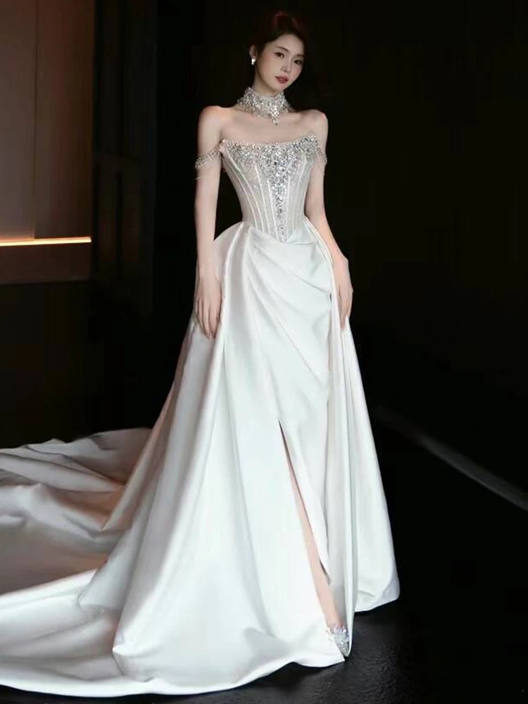 Ele Satin Wedding Dr One oulder Heavy Embroidery and Entrance Train Tail Hebe Sle Bridal Gown for Women