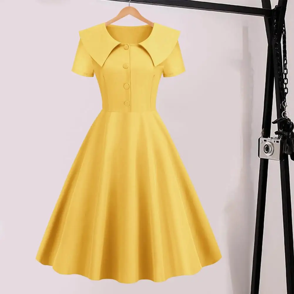 

Party Dress Vintage-inspired Women's A-line Midi Dress With Turn-down Collar Short Sleeves Big Swing Buttons Elegant For 50s