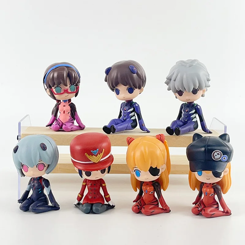 7pcs/set 7.5CM New Anime NEON GENESIS EVANGELION EVA Ayanami Rei Asuka Kawaii kneeling position Figure PVC Model Toys Doll Gifts