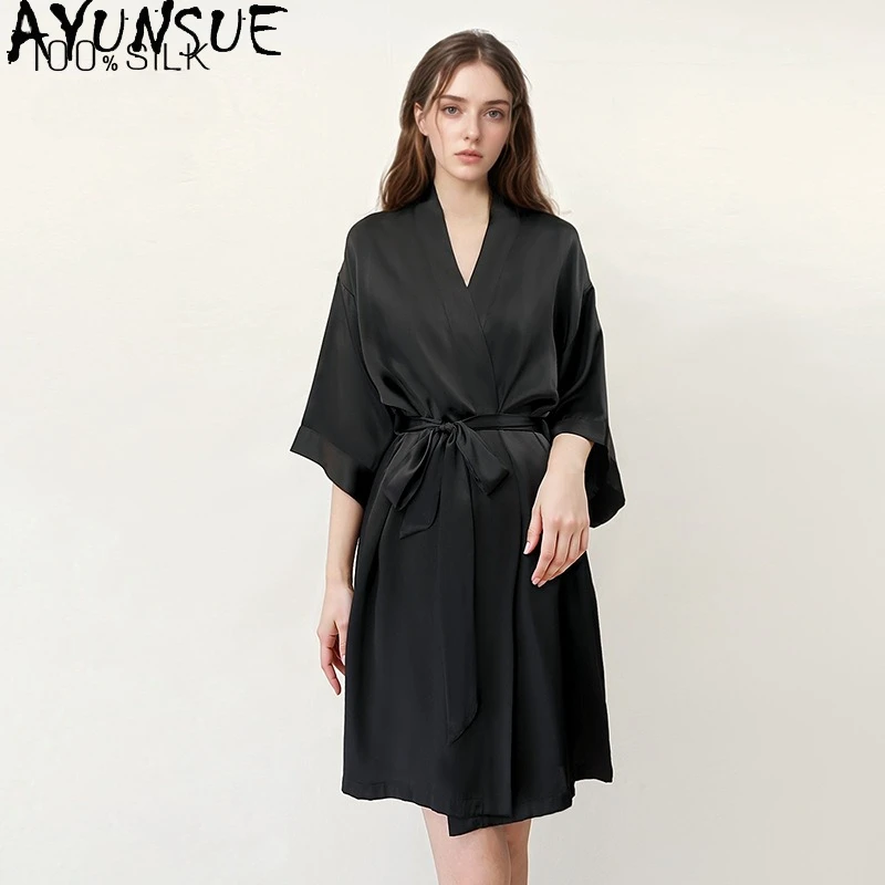AYUNSUE 100% Real Mulberry Silk Robe Women 2026 Spring Summer Robes Lace-up 16MM Silk Sexy Sleepwear Women's Home Clothes 파자마