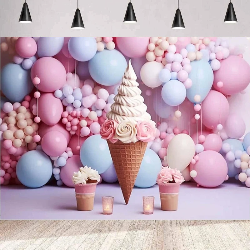 Ice Cream Birthday Party Photography Backdrop Ice Cream Cake Smash Balloon Flower Sweet Candy Shoppe Candyland Background Banner