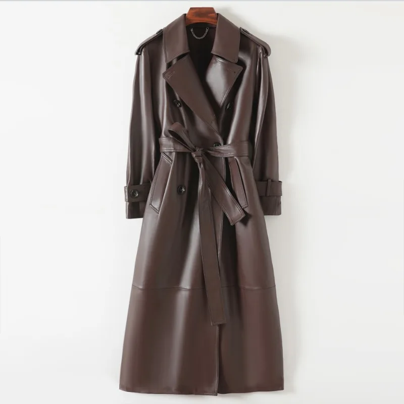 

European and American genuine leather leather jacket, sheepskin lapel collar double-breasted slim-fitting long belt trench coat