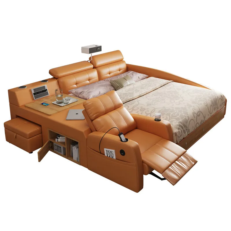 

Modern simple multi-functional leather bed master bedroom smart double bed, electric massage tatami