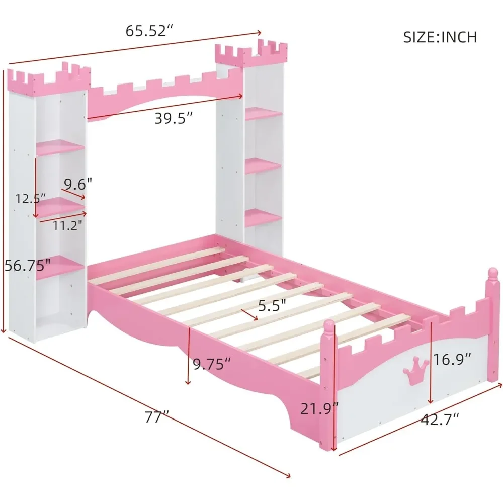 Twin Size Platform Bed with Storage Shelves, Castle Shaped Bed for Kids, Twin Size Princess Bed for Girls, Kids Twin  Bedframe