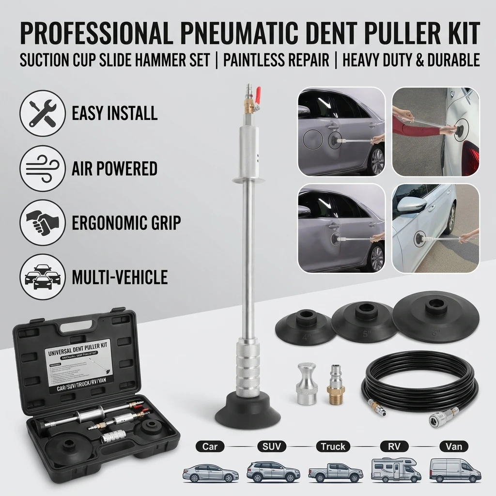 Universal Air Pneumatic Dent Puller Car Auto Body Repair Tool Suction Cup Slide Hammer Kit For Car SUV Truck RV Van Dent Removal Paintless Repair Heavy Duty Durable Easy Install Pneumatic Dent Puller With Suction Cup And Slide Hammer Accessories Set Kit