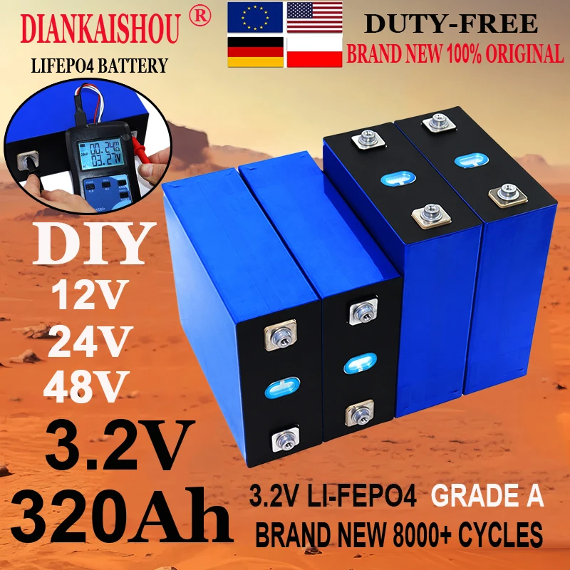 New 8000 Cycles Grade A 320Ah LiFePO4 Battery 3.2V Rechargeable Lithium Iron Phosphate Cell DIY 12V 24V 48V RV EV Vans Golf Cart