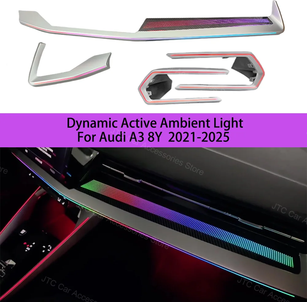 

Приборная лампа, окружающее освещение для Audi A3 8Y S3 RS3 2021-2025, декоративное вентиляционное отверстие, светодиодная атмосферная лампа с подсветкой, полоса, 30 цветов