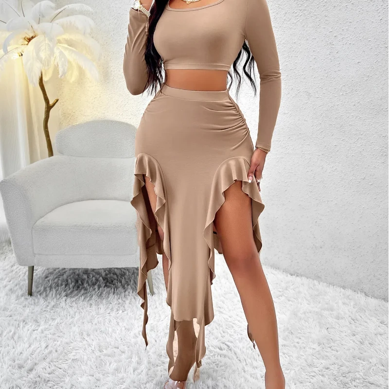 

Autumn European and American Women's Solid Color Round Neck Long Sleeved Top with Ruffle Edge Skirt Set