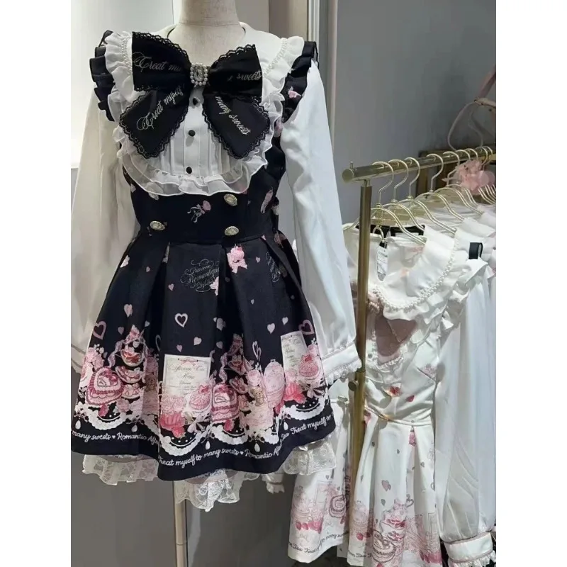 Japanese Gothic Y2k Lolita Style Bow Dress Shorts Set Women Lace Ruffles Off Shoulder Button Shirts Dress Sweet Slim Party Dress