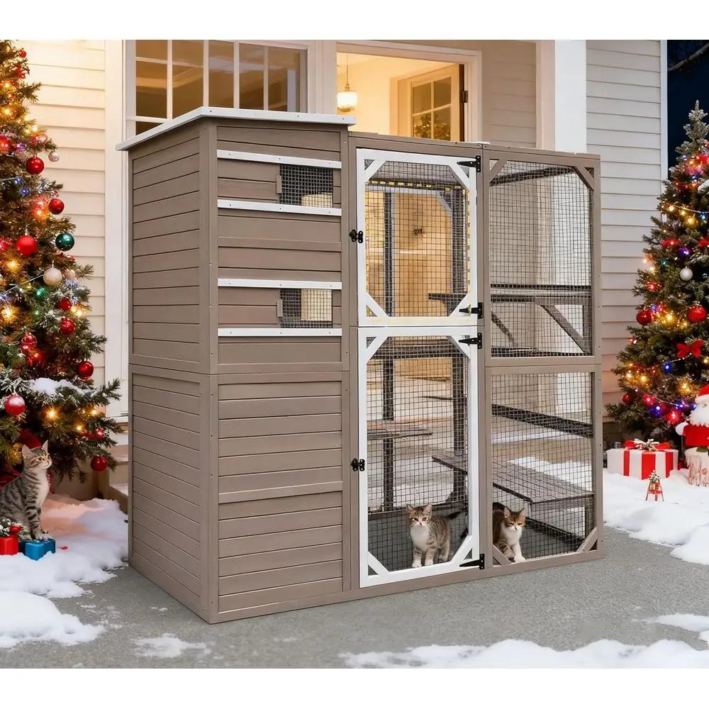 

Multi-Level Indoor/Outdoor Cat Enclosure with Waterproof Roof, Pull-Out Tray, and 2 Resting Areas