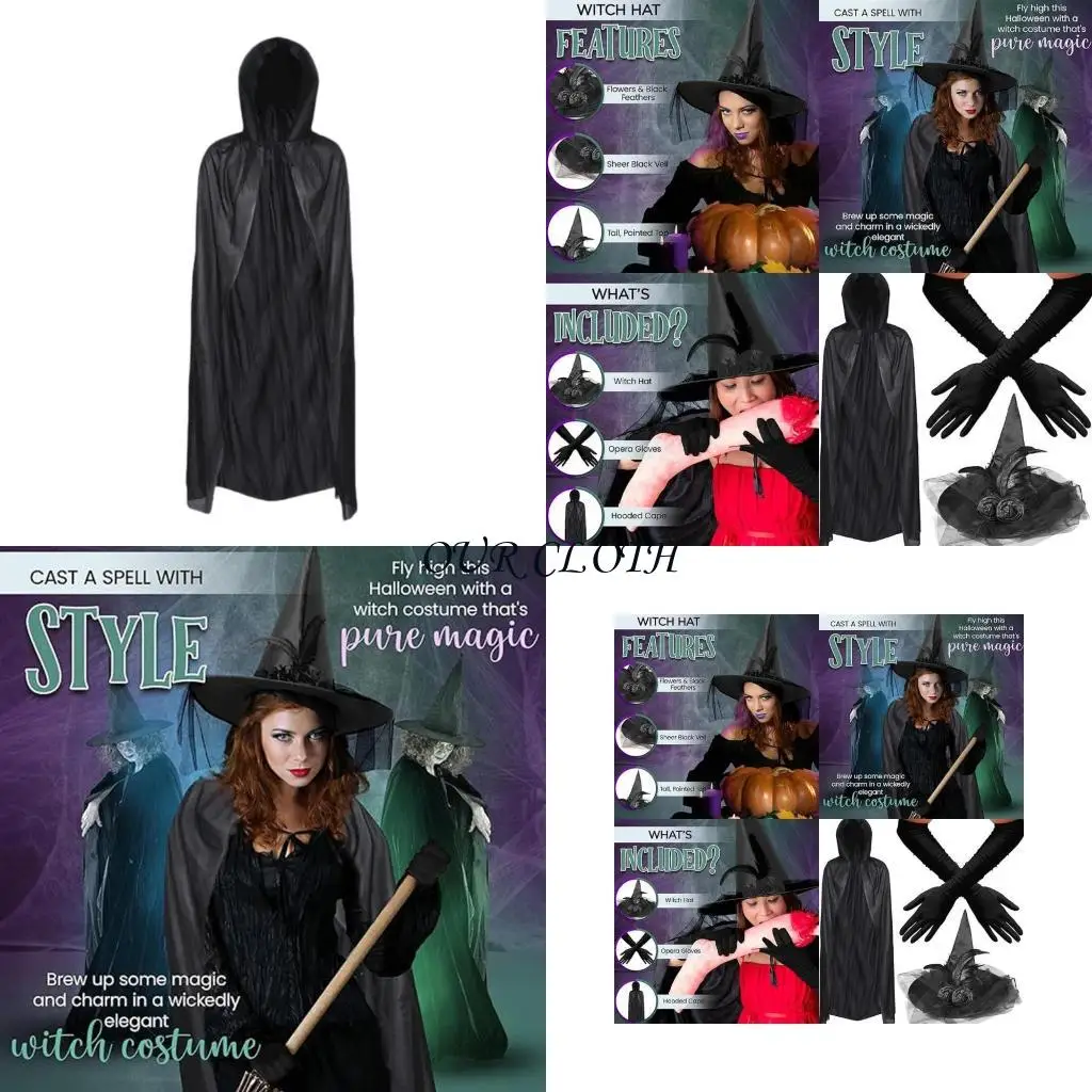 

Witch Hooded Cape Cloak with Feathered Witch Hat Long Gloves Women Witch Costume Y1AC