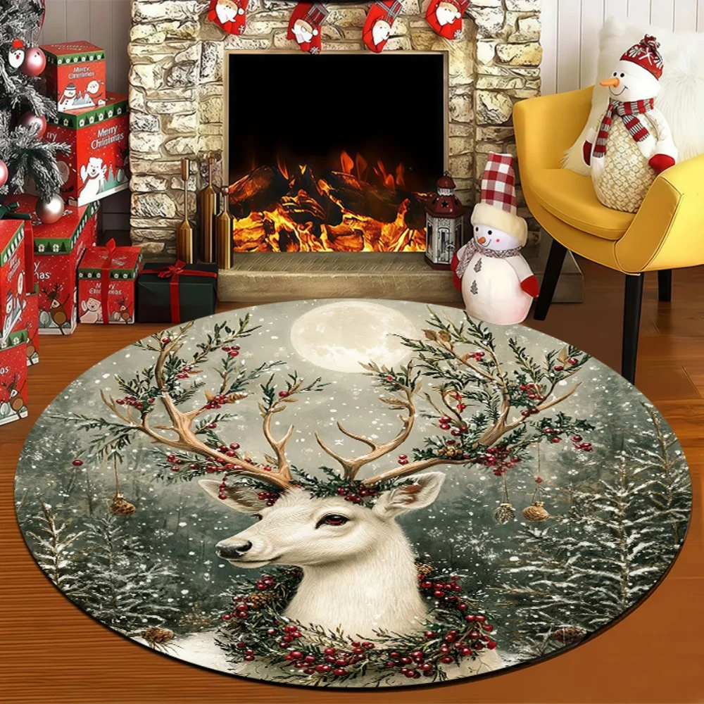 Classic White Deer Head Holiday Round Area Rug Antler Holly Red Berry Pattern Floor Mat Carpet for Living Room Christmas