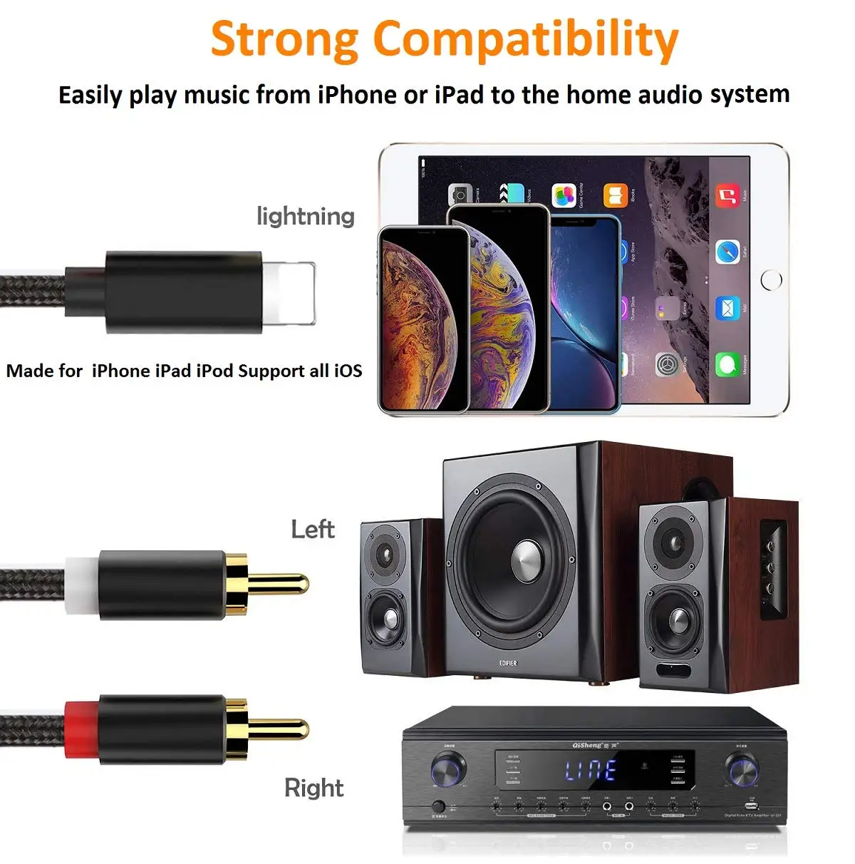 Adaptador auxiliar de Audio con Cable Lightning a RCA, amplificador de potencia para coche, cine en casa, modelos iPad y iPod, iPhone14/13/12