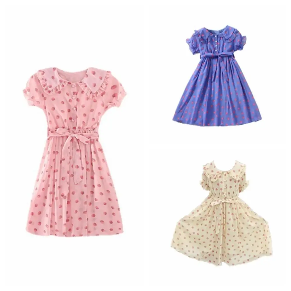 エレガントなドールカラーの女の子用プリンセスドレス、ティーン向けパーティー、夏のドット柄ドレス、スイートなレースアップ子供ドレス、学生向け