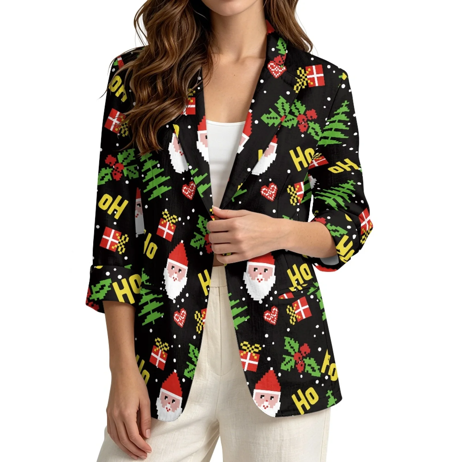 PENSTROLL Santa Claus Gift Box Linen Like Beach Cover Up Outerwear for Women Lightweight Cardigan Coat