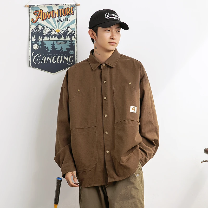 Washed Workwear Japanese Style Long Sleeve Shirt forMen 2024 Spring New Loose Fit Vintage Rivet Patchwork Structure Shirt Jacket