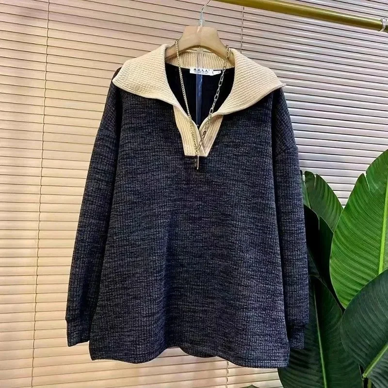 

Large Sized Women Clothing Autumn Winter Lapel Contrasting Color Casual Loose Slimming Thicken Pullover Knitted Top for Women