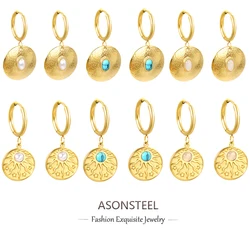 ASONSTEEL Trendy Opal Round Imitation Pearl Drop Earrings Stainless Steel Golden Blue Stone Hoop Earring For Women Jewelry Gift