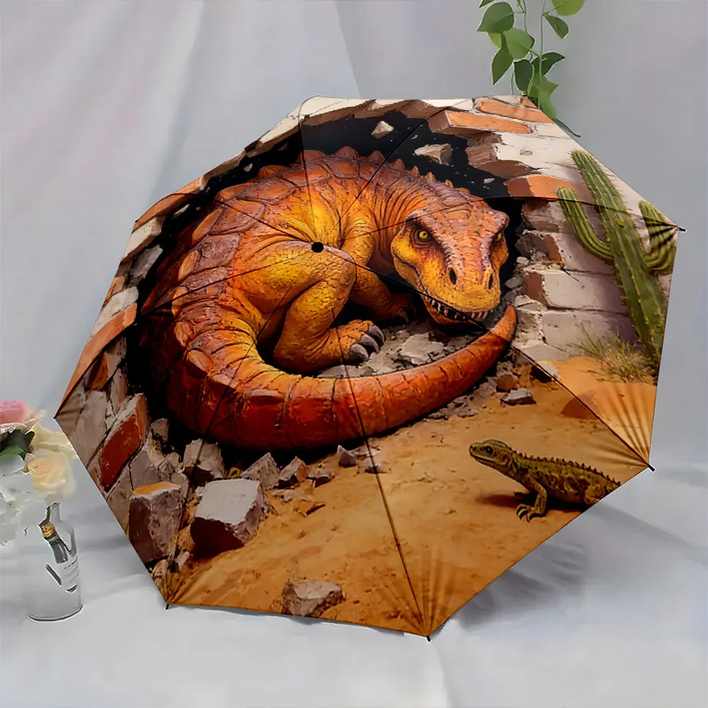 1PC Imaginary Dinosaur on an Umbrella: Art Meets Utility Print 8 Iron Ribs Folding Umbrella Auto-Open Fashion Sunshade