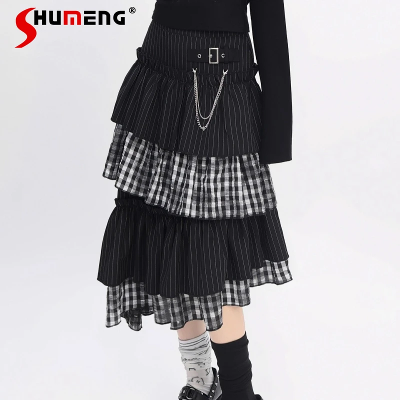 

Japanese Irregular Subculture Sweet Cute Cool Patchwork Art Retro Striped Midi Skirt Y2k Long High-waisted Loose Skirts Ladies