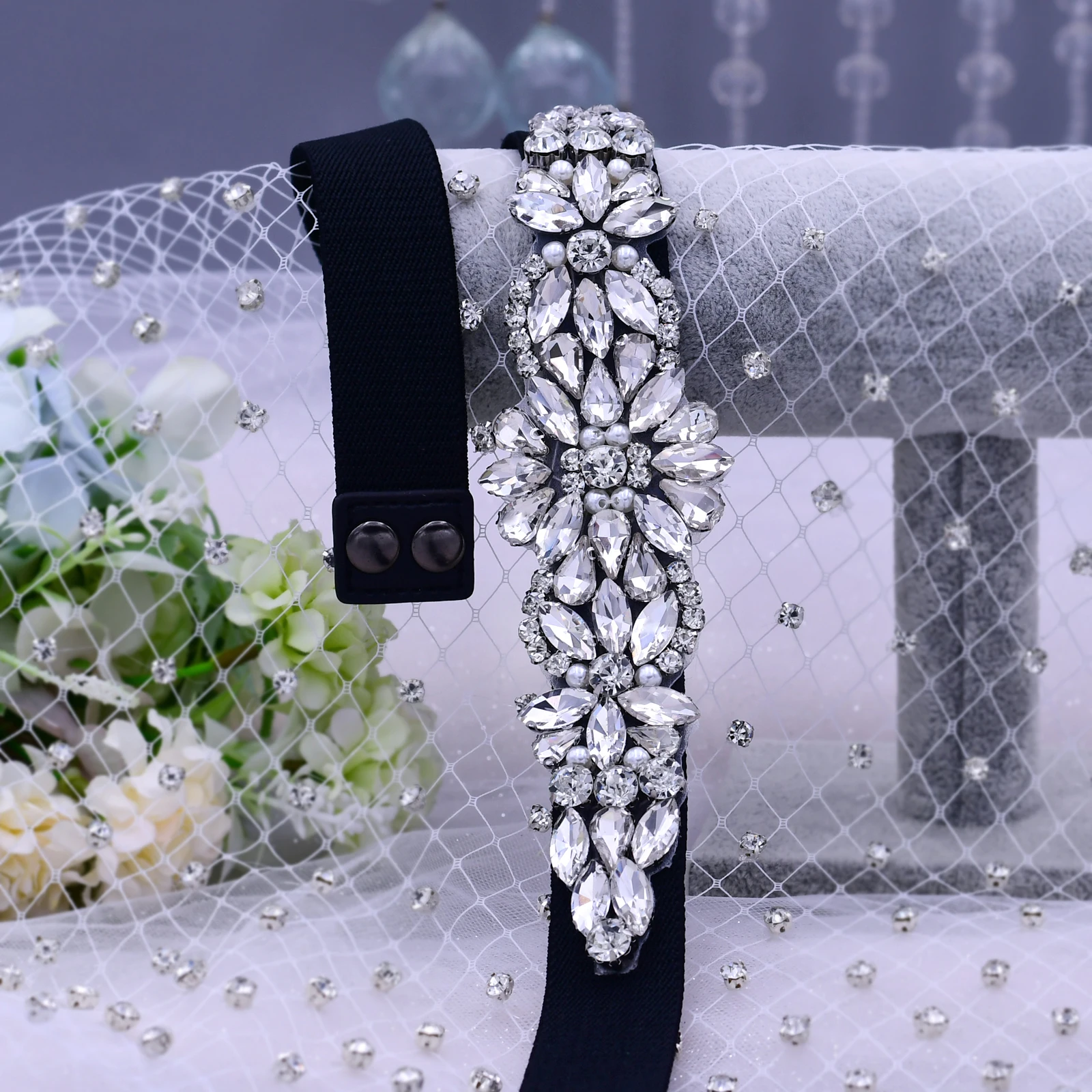 ยืดหยุ่นเข็มขัด Rhinestone สีดำ Cummerbund สำหรับสุภาพสตรีเข็มขัดแต่งงานชุดเข็มขัดแต่งงานชุดเข็มขัด Party