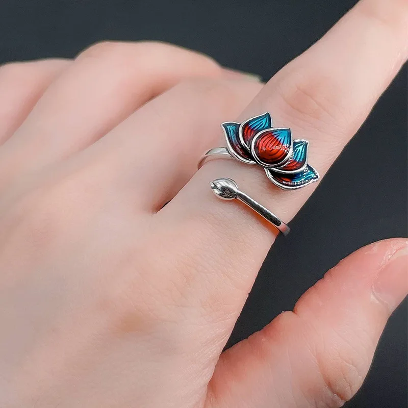 

Ele Enamel Lotus Luy Ring for Women Adjustable Open Design Faionable Court Sle Fre out Faion Jewelry Accories