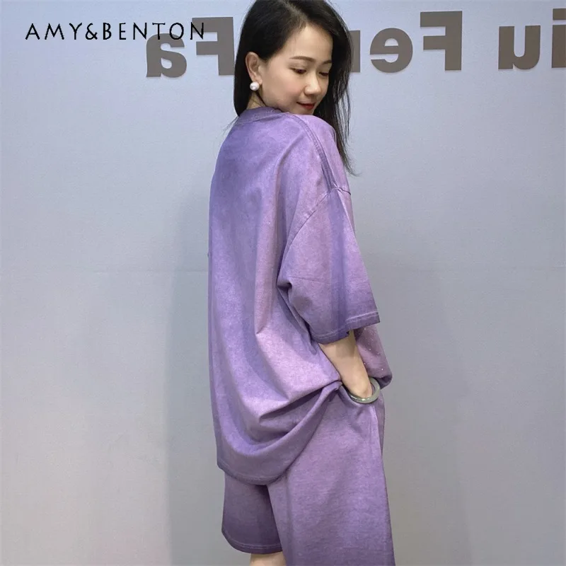 

Лето 2023, новая повседневная одежда градиентного цвета для женщин, мягкая удобная свободная футболка со стразами и короткими рукавами, комплект из двух предметов