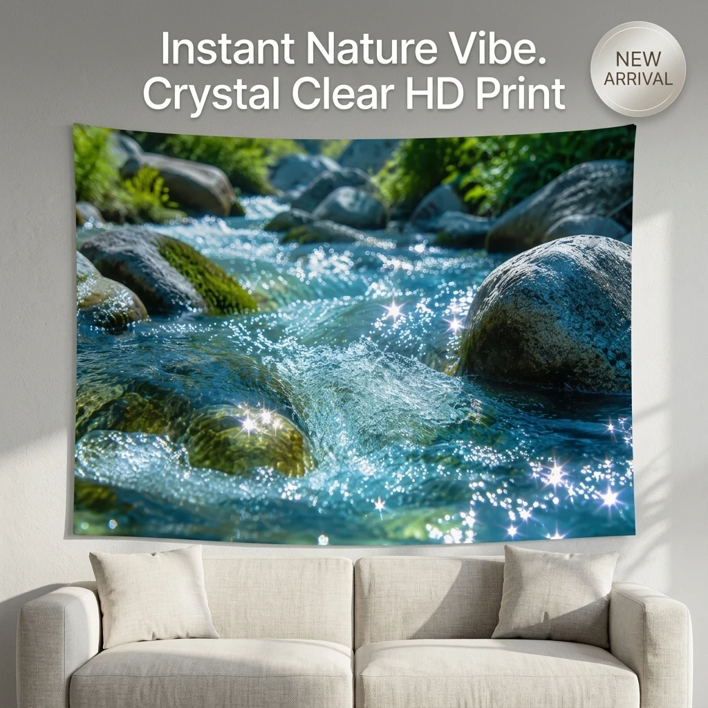 Ultra HD Nature Wall Tapestry Crystal Clear Water Flowing River Landscape Art Print Waterproof Decorative Wall Hanging for Livin