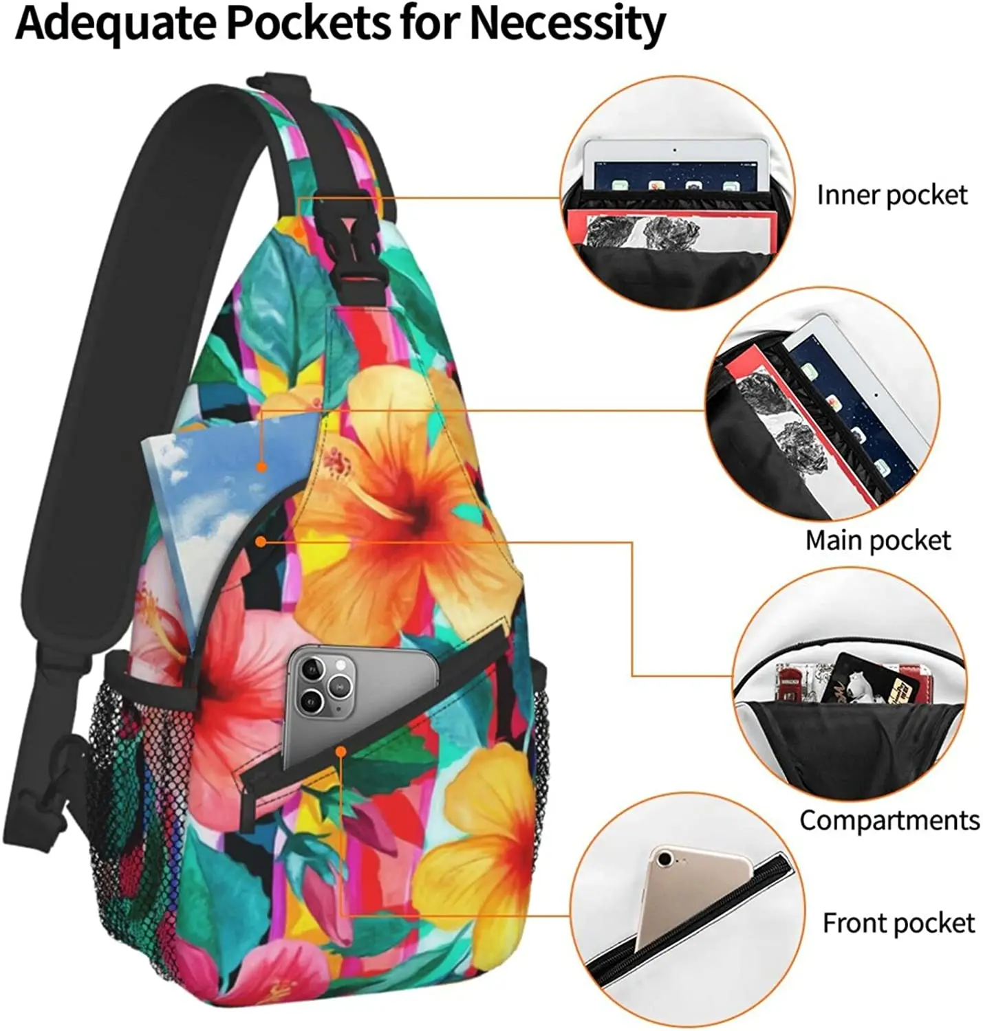 Hawaii Hawaiian Flowers Floral Sling Bag,Multipurpose Shoulder Bags Travel Hiking Chest Backpack for Women Men