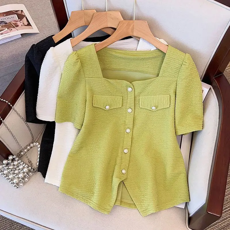 

Summer New Stylish Square Collar Blouse Solid Color All-match Women's Clothing Short Sleeve Commute Folds Button Elegant Shirt