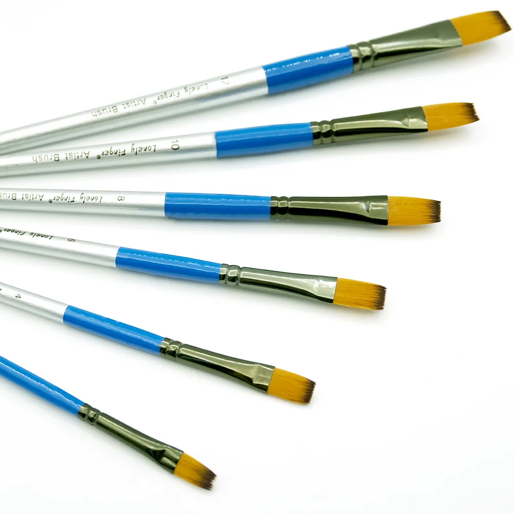 6Pcs Premium Nylon Flat Paint Brushes Blue Silver Wood Handle Watercolor Acrylic Oil Gouache Student Artist Painting Supply