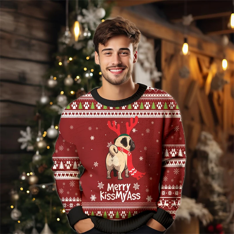 Christmas Dogs Series Graphic Pullover Sweater For Men Funny 3D Printed Crewneck Sweatshirt Fall Fashion Pullover Mens Clothing