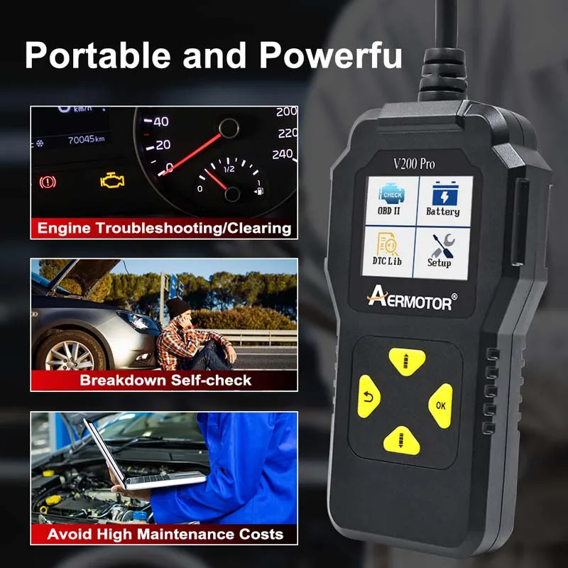 AERmotor V200 Pro Read and Clear Engine Warning Light Codes OBD2 Scanner Tools