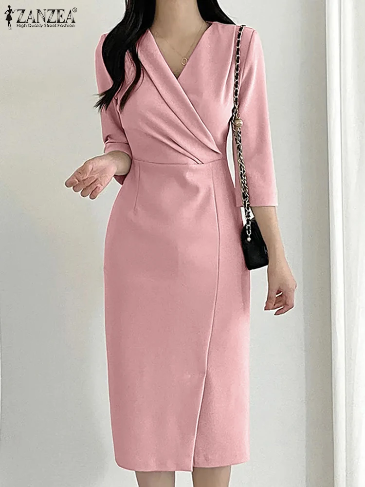 ZANZEA Women Korean Fashion OL Dresses 3/4 Sleeve Sexy Solid Color Slim Fit Midi Dress 2024 New Elegant V Neck Party Vestidos