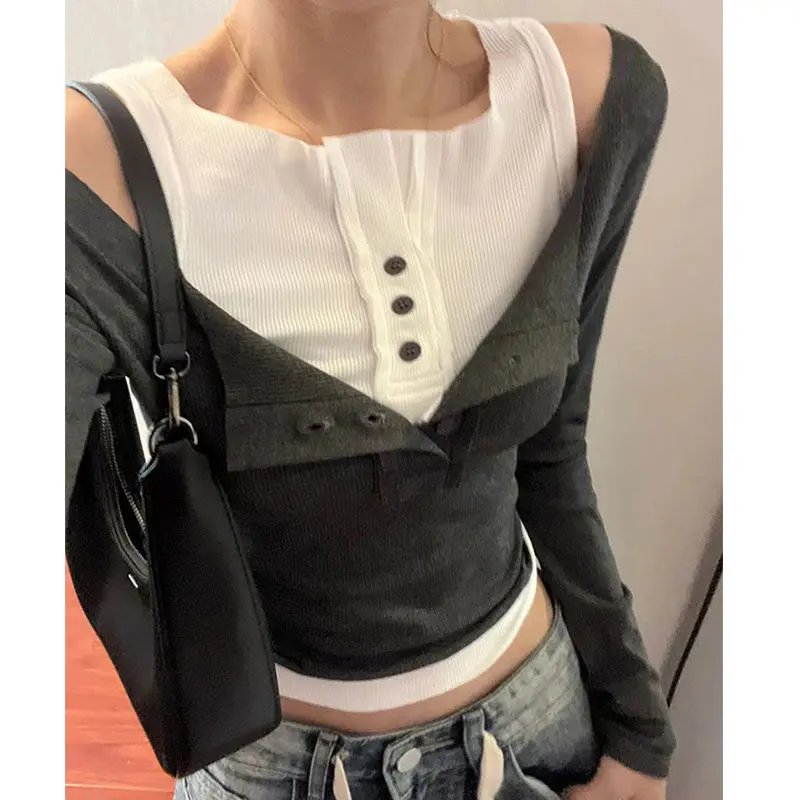 Fake Two Pieces Patchwork Y2k Aesthetic T-shirt Contrast Color Harajuku Button Tees Streetwear Long Sleeve Vintage Crop Tops